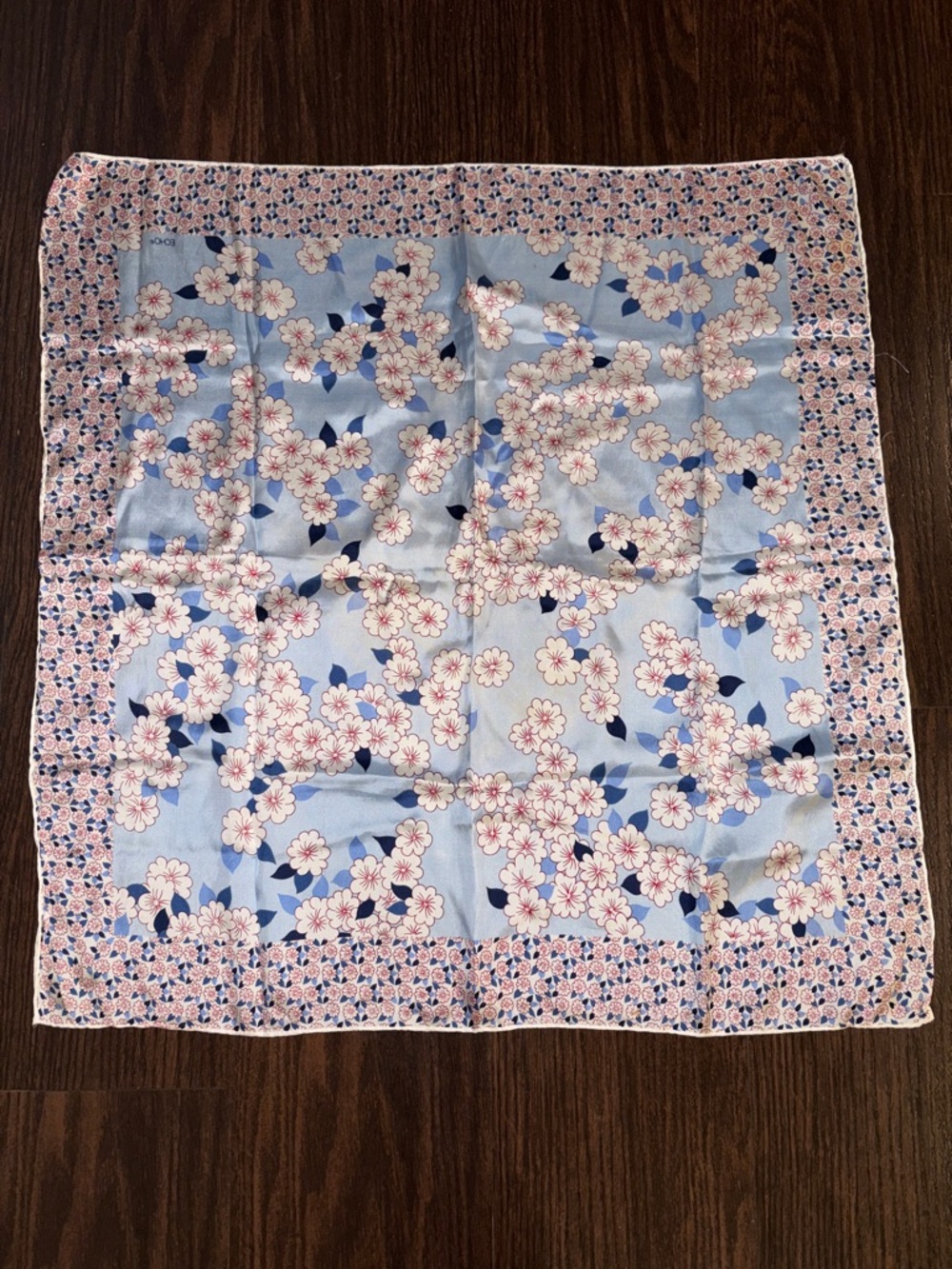 ECHO Floral Cherry Blossom Square Scarf in Pastel Blue and Pink 26” X 26”